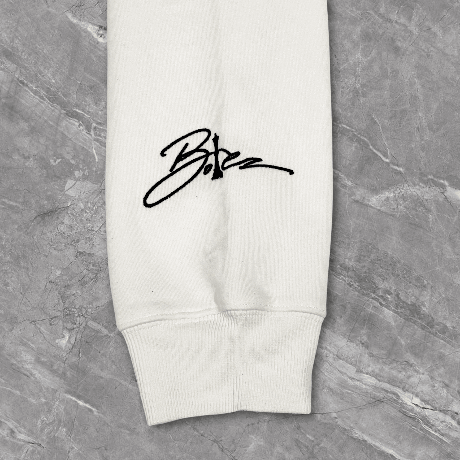 Heavyweight White Hoodie w Black Embroidery Fuego